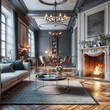 a living room with a couch a table and a fire place, a digital rendering  pixabay contest winner, photorealism, vray tracing, vray, photoillustration