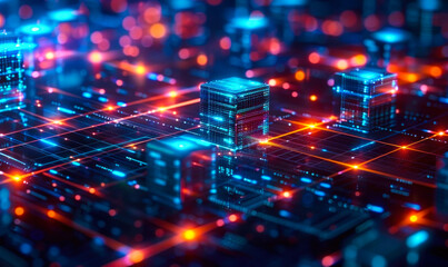 Poster - Futuristic 3D render of blockchain technology concept with glowing blue cubes and digital data network in a dark background, representing decentralized digital systems and secure data transmission