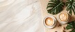 © TensorSpark - Aesthetic top view of a hot coffee cup on a flat lay marble background, complemented by lush tropical leaves placed elegantly on the side, creating a serene and stylish composition.