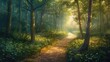 A winding forest path bathed in the soft light of dawn, leading to undiscovered treasures hidden amidst the tranquil woods.