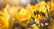 Honey bee on beautiful yellow flower collect pollen, blur background, Generative Ai