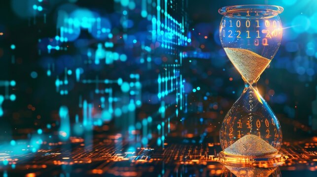A digital hourglass with binary sand measures critical time in cybersecurity response, showcasing the importance of swift, timely measures against a vivid backdrop of cyber data.