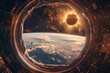 Solar eclipse seen from a space station window. Cosmos. Solar Eclipse 2024, April 8