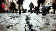 © Justlight - Cracked pavement and uneven sidewalks provide a textured backdrop for a group of pedestrians navigating the busy city streets.