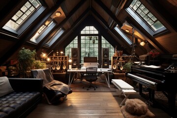 An attic recording studio with a skylight and vintage accents recording studio, AI generated