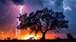 thunderstorm with intricate lightning streaks across the night sky illuminating the scene