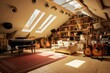 An attic recording studio with a skylight and vintage accents recording studio concept, ai generated