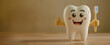 Funny tooth with toothbrush, 3D character. Cute kawaii mascot light background. Banner dentists copy space. Generative AI