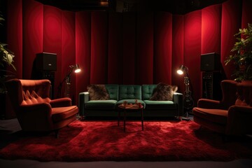 A recording studio with a plush velvet lounge, stylish recording studio, AI generated