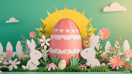 Poster - A natureinspired Easter scene featuring a bunny, Easter egg, sun, and flowers. Using cake decorating supplies, grass, and petals, create an artful painting of this festive event AIG42E