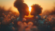 A mother and child are embracing each other in a field of flowers. The sun is setting in the background, casting a warm glow over the scene. Concept of love and warmth between the two