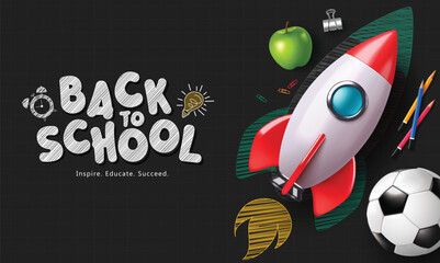 Fototapete - Back to school text vector template design. Back to school greeting with paper cut rocket ship and space ship educational elements in black grid background. Vector illustration school greeting 