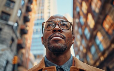 A man wearing glasses is standing in a city street. He is looking up at the sky. The scene is urban and busy, with tall buildings surrounding him