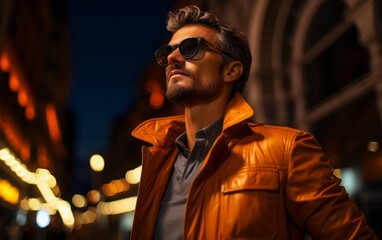 Wall Mural - A man in a leather jacket is standing in the street at night. He is wearing sunglasses and has a smile on his face