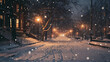 Snowy Evening Street Scene, Warm Glow from Street Lamps