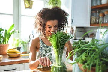 In a bright kitchen, a woman adds freshly cut wheatgrass to a blender, preparing a nutritious green smoothie for a wholesome morning boost.