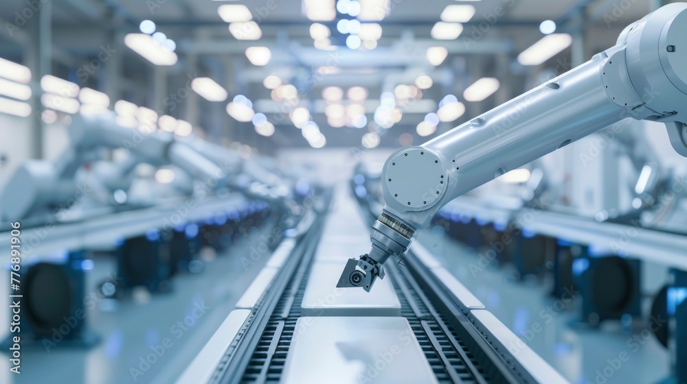 Advanced robotic arms on a fully automated assembly line in a modern ...