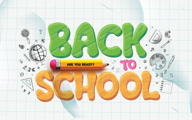 Fototapete - Back to school text vector design. Back to school greeting typography in paper grid space and doodle educational items, materials and learning supplies for education background. Vector illustration 