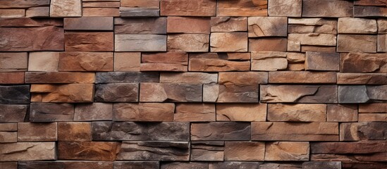 Poster - Close-up view of a sturdy wall constructed with a variety of brown and tan bricks, showcasing a textured surface