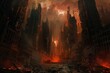 An abandoned cityscape with streets split open, revealing the fires glow from beneath, apocalyptic and forsaken