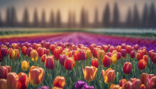 Close-up Image Of Tulips' Field Under The Morning Sunlight.
