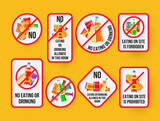 Fototapeta Dinusie - No eating or drinking forbidden red crossed sign design template set vector flat illustration