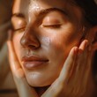 Closeup of a woman applying natural skincare products, dewy skin glowing under soft light, purity and care