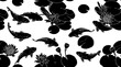 Seamless Koi fish black and white line art pattern on a plain background, used for decoration.