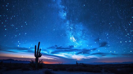 A cactus is standing in the desert at night