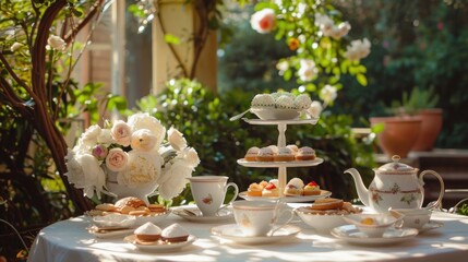 A table is set with a variety of desserts and tea, including cakes, cookies