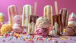 Ice Cream Dreams, Assorted ice creams and popsicles with drips and sprinkles, summer background