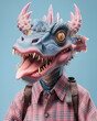 Dragon head in human jacket, isolated on blue