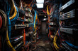 Chaotic mess of colorful wires and cables in a dark server room or data center.