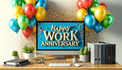 Office Desk Celebration with Happy Work Anniversary Display