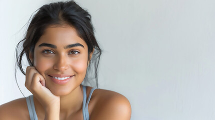 Poster - A beautiful indian woman with dark hair a smile on her face and her hand under her chin posing for a photo wearing a light blue tank top against a white background