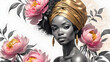 beautiful afro woman in turban and delicate pink peonies	