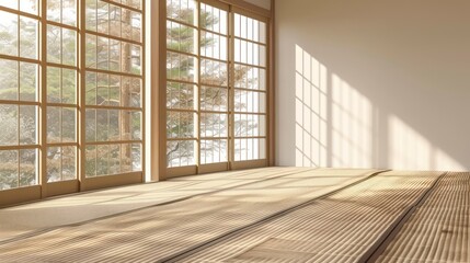 Wall Mural - The Simple Grace of an Empty Room Outfitted in Japanese Style, with Tatami Flooring and Sunlight Filtering Through Shoji Windows