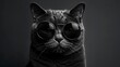 Urban feline fashion with this image of a grey cat sporting sleek black round-rim glasses. The cat's intense gaze and the minimalist background create a powerful, perfect for modern advertising