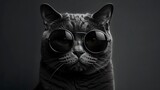 Fototapeta Do pokoju - Urban feline fashion with this image of a grey cat sporting sleek black round-rim glasses. The cat's intense gaze and the minimalist background create a powerful, perfect for modern advertising