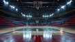 An expansive view of an empty basketball arena, where the vast stadium and sports ground are lit by powerful flashlights, emphasizing the rows of unoccupied fan seats