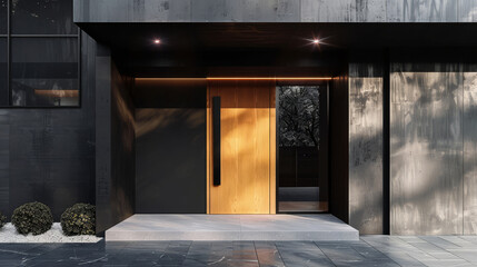 Poster - A black and brown house with a wooden door