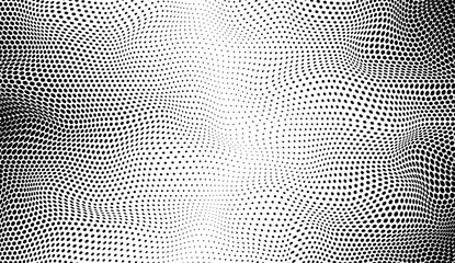 Wall Mural - Black white banner with wavy half tone effect. Optical spotted monochrome texture. Abstract background with dots. Halftone dot pattern. Futuristic pop art print. Vector illustration.