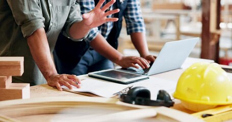 Poster - hands, coworker and architect with technology in desk or typing on laptop and discuss design. closeu