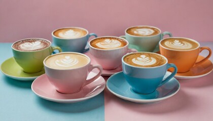 Wall Mural - Pastel Perfection: Vibrant Lattes Served in Multicolored Mugs