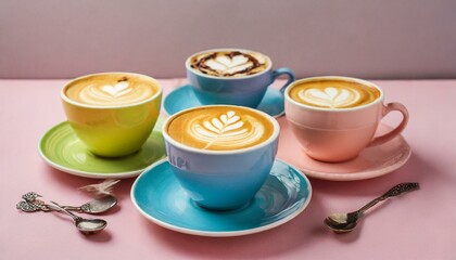 Wall Mural - Pastel Perfection: Vibrant Lattes Served in Multicolored Mugs
