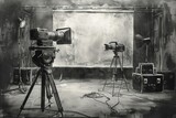 Fototapeta  - Old Hollywood Movie Set, charcoal sketch, classic film stars and vintage cameras , sci-fi tone