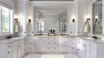 Wall Mural - A Large, White Luxury Master Bathroom Featuring Expansive Cabinets and Twin Sinks