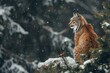 Lynx Perched on Snowy Ledge in Winter Forest. 