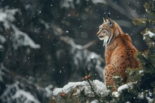 Lynx Perched On Snowy Ledge In Winter Forest. 