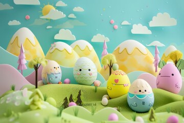 Wall Mural - A cluster of Easter eggs rests atop a grassy hill, surrounded by the beauty of nature. The colorful eggs contrast against the greenery, under a clear blue sky AIG42E